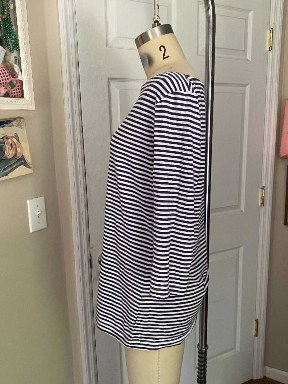 H&M Blue White striped NAUTICAL classic BOATNECK 3/4 T-Shirt *LARGE* - Picture 3 of 5